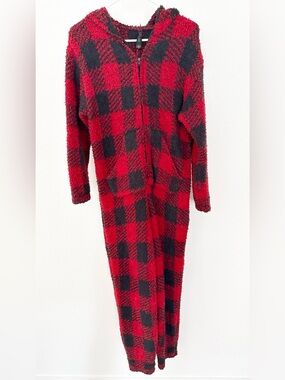 SKIMS Red and Black Buffalo Plaid Fuzzy Zip-Front Onesie